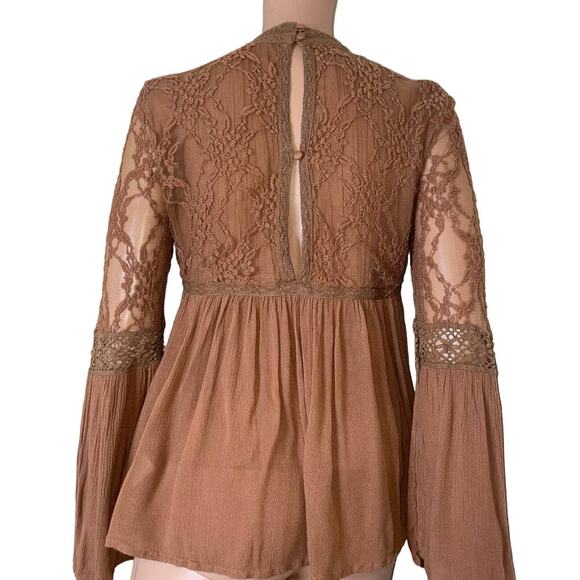 American Eagletop/blouse Brown Lace Blouse Fit & Flare XS flowy BOHO lace arm - Picture 4 of 9